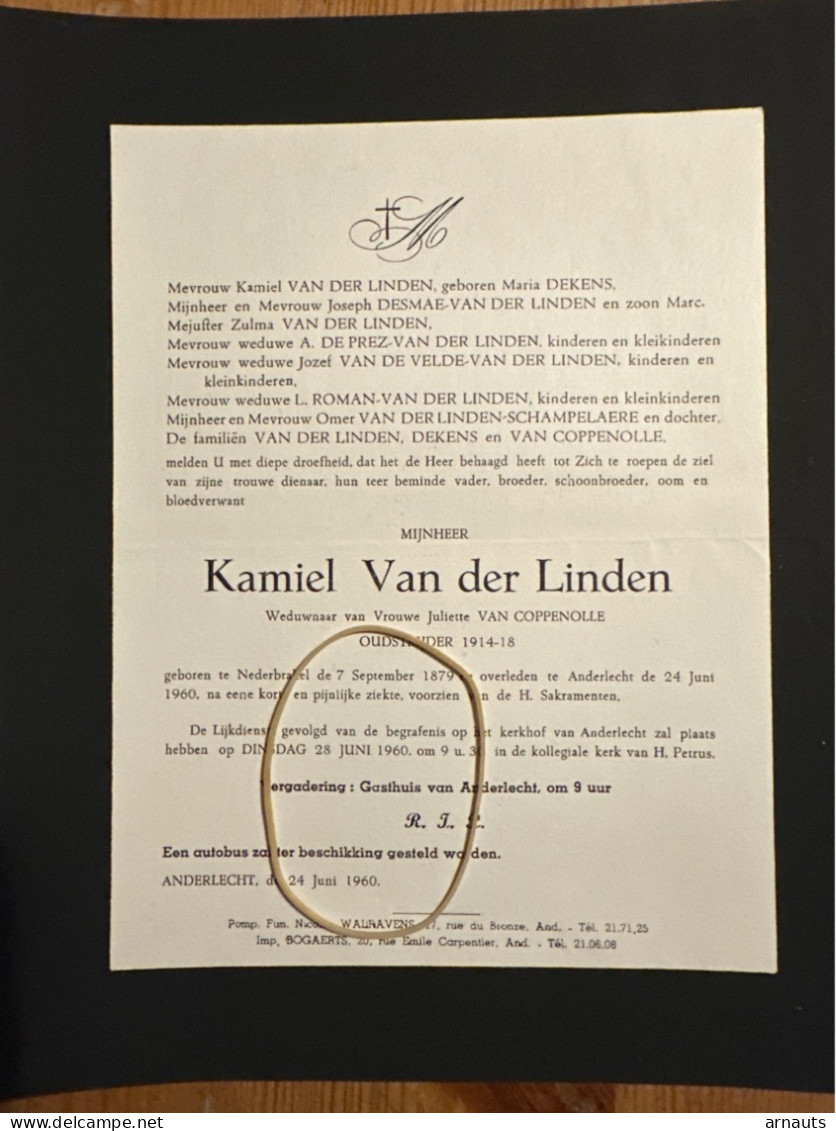 Kamiel Van Der Linden Weduwnaar Juliette Van Coppenolle *1879 Nederbrakel +1960 Anderlecht Dekens Desmae De Prez Roman S - Avvisi Di Necrologio