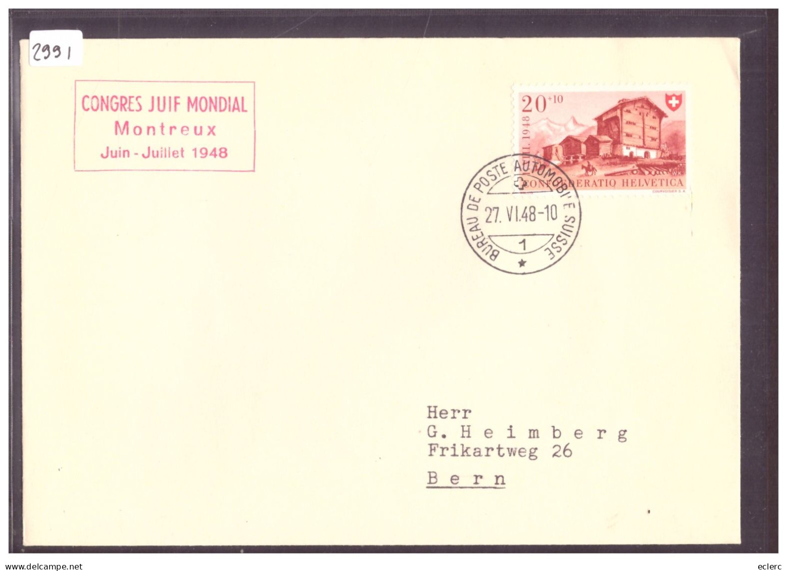 BUREAU DE POSTE AUTOMOBILE - MONTREUX - CONGRES JUIF MONDIAL 1948 - SCHWEIZ.  AUTOMOBIL POSTBUREAU - Postmark Collection