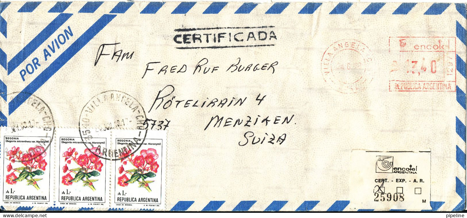 Argentina Registered Air Mail Cover Sent To Switzerland 24-6-1988 With Meter Cancel And Stamps - Aéreo