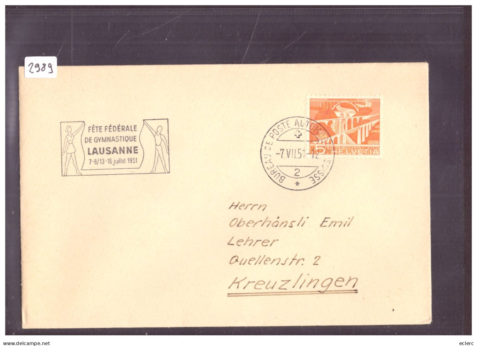 BUREAU DE POSTE AUTOMOBILE - LAUSANNE - FETE DE GYMNASTIQUE 1951 - SCHWEIZ.  AUTOMOBIL POSTBUREAU - Postmark Collection