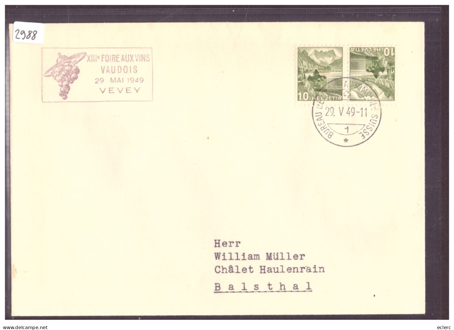 BUREAU DE POSTE AUTOMOBILE - VEVEY - FOIRE AUX VINS VAUDOIS 1949 - SCHWEIZ.  AUTOMOBIL POSTBUREAU - Postmark Collection