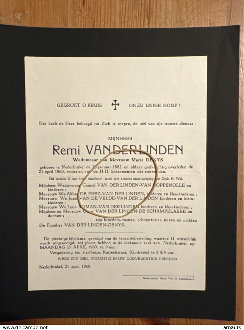 Remi Vanderlinden Wed Denys Marie *1882 Nederbrakel +1960 Nederbrakel Van Coppenolle De Schampelaere Roman De Prez - Todesanzeige