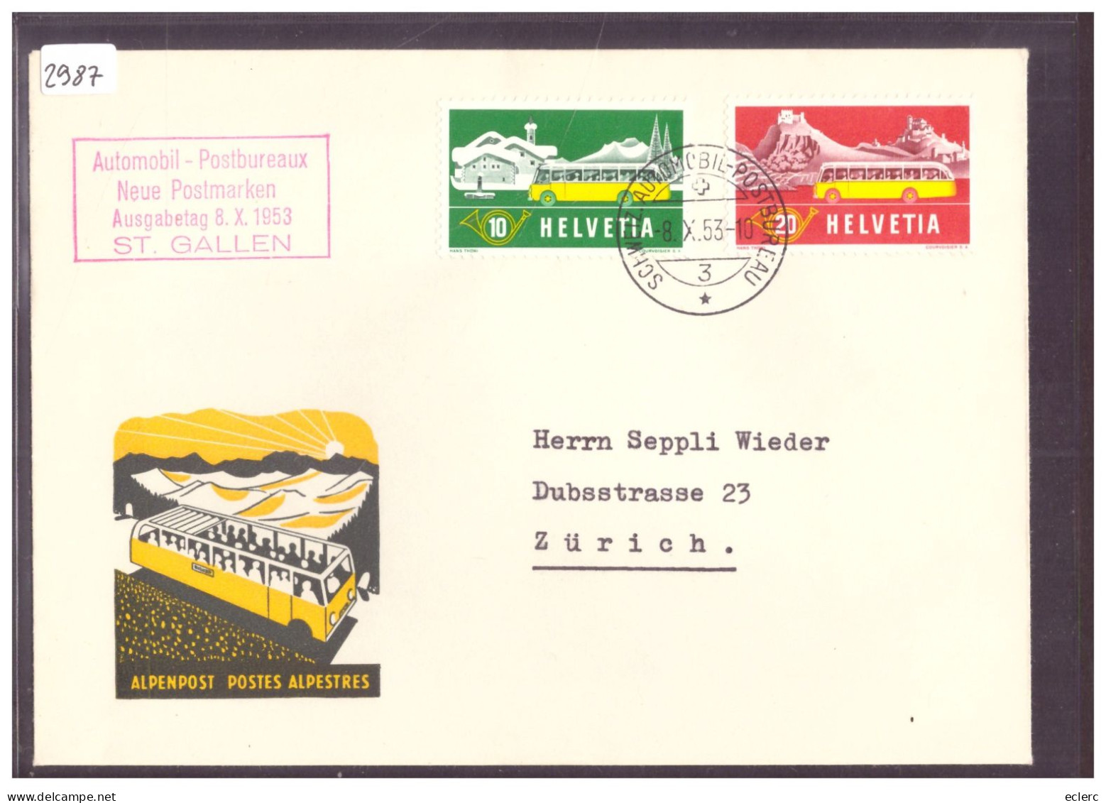 BUREAU DE POSTE AUTOMOBILE - ST GALLEN - ALPENPOST 1953 - POSTES ALPESTRES - SCHWEIZ.  AUTOMOBIL POSTBUREAU - Marcophilie