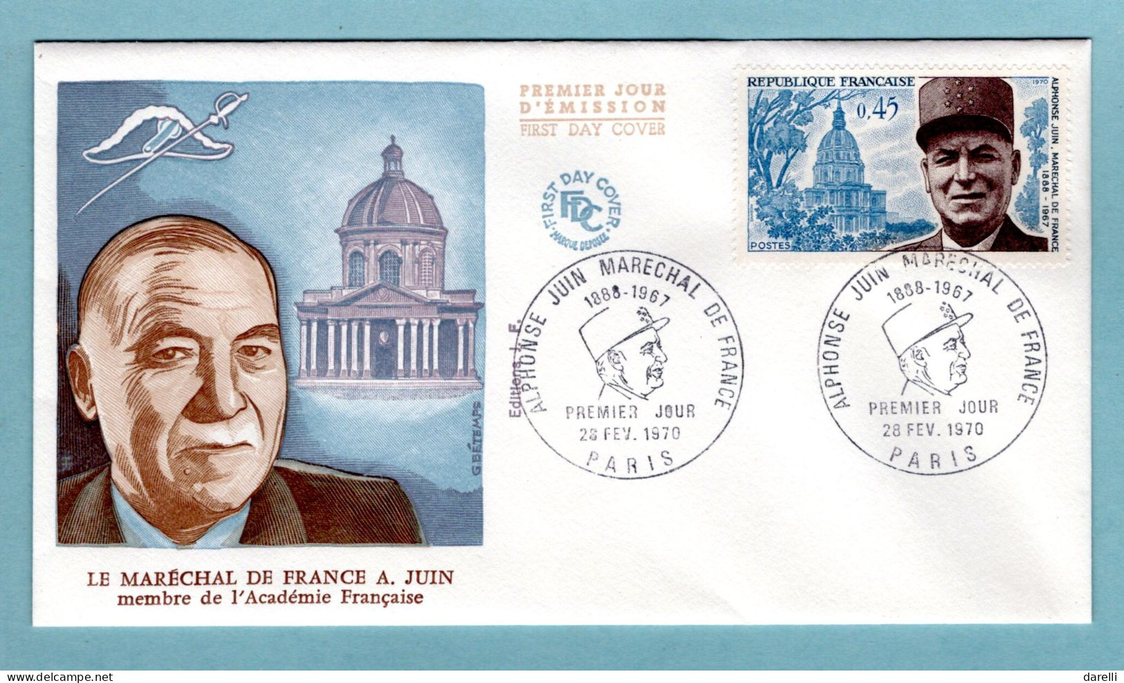 FDC France 1970 - Alphonse Juin - Maréchal De France - YT 1630 - Paris - 1970-1979
