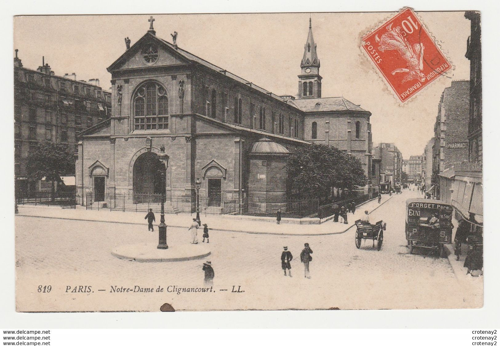 75 PARIS N°819 Eglise Notre Dame De CLIGNANCOURT Remorque Hippomobile ? FORGET Père Devant Pharmacie - Eglises