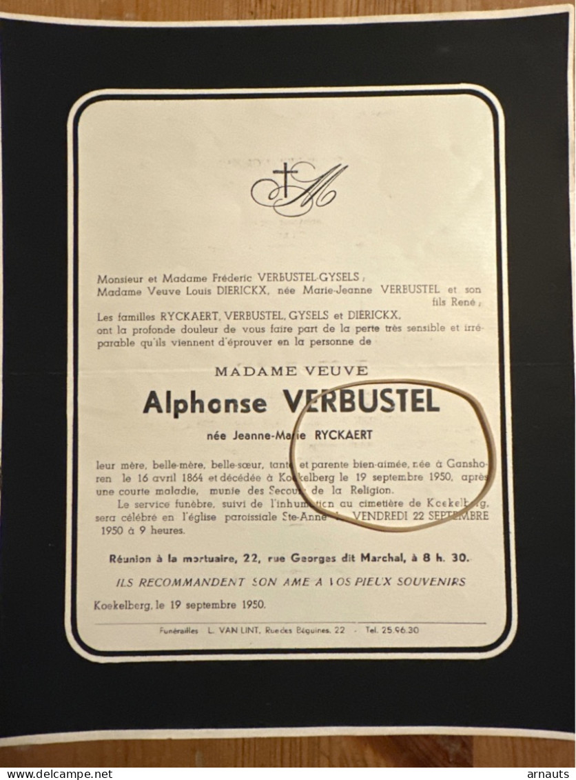 Veuve Alphonse Verbutsel Nee Jeanne-Marie Ryckaert *1864 Ganshoren +1950 Koekelberg Gysels Dierickx - Avvisi Di Necrologio