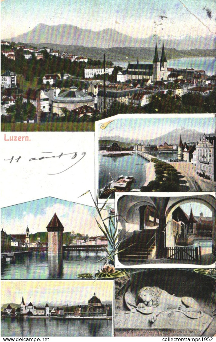 LUCERNE, MULTIPLE VIEWS, ARCHITECTURE, CHURCH, MOUNTAIN, TOWER, STATUE, PORT, BOATS, SWITZERLAND, POSTCARD - Lucerne