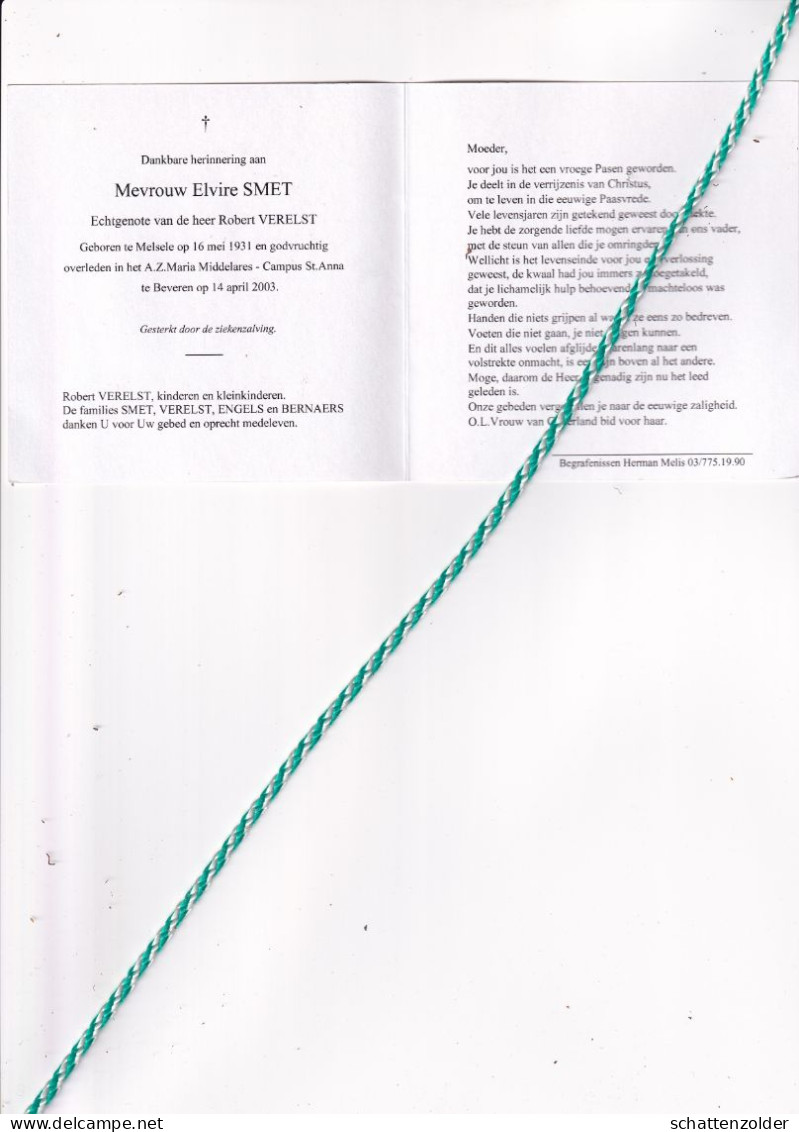 Elvire Smet-Verelst, Melsele 1931, Beveren 2003. Foto - Todesanzeige
