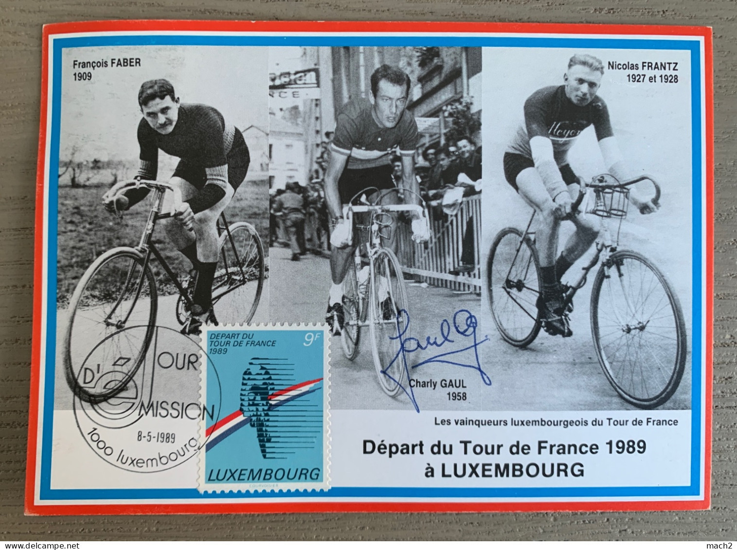 Carte Départ Tour De France Luxembourg 8/05/1989 1er Jour, Signée Charly GAUL - Radsport