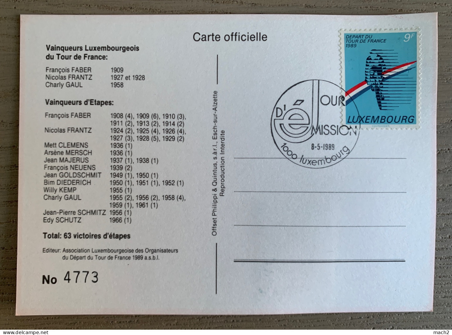 Carte Départ Tour De France Luxembourg 8/05/1989 1er Jour, Signée Charly GAUL - Cyclisme