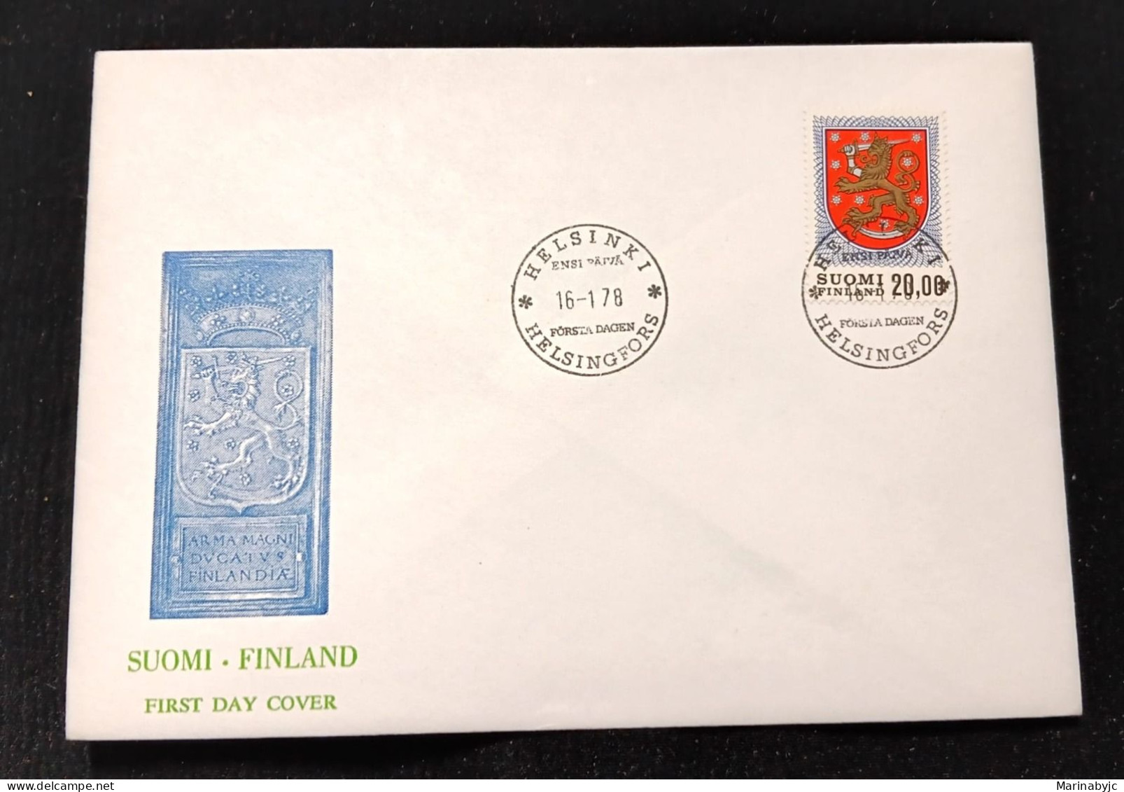 D)1978, FINLAND, FIRST DAY COVER, ISSUE, NATIONAL COAT OF COAT, NAME OF THE COUNTRY AND NUMBER IN SOLID BLACK, NAME OF T - Altri & Non Classificati