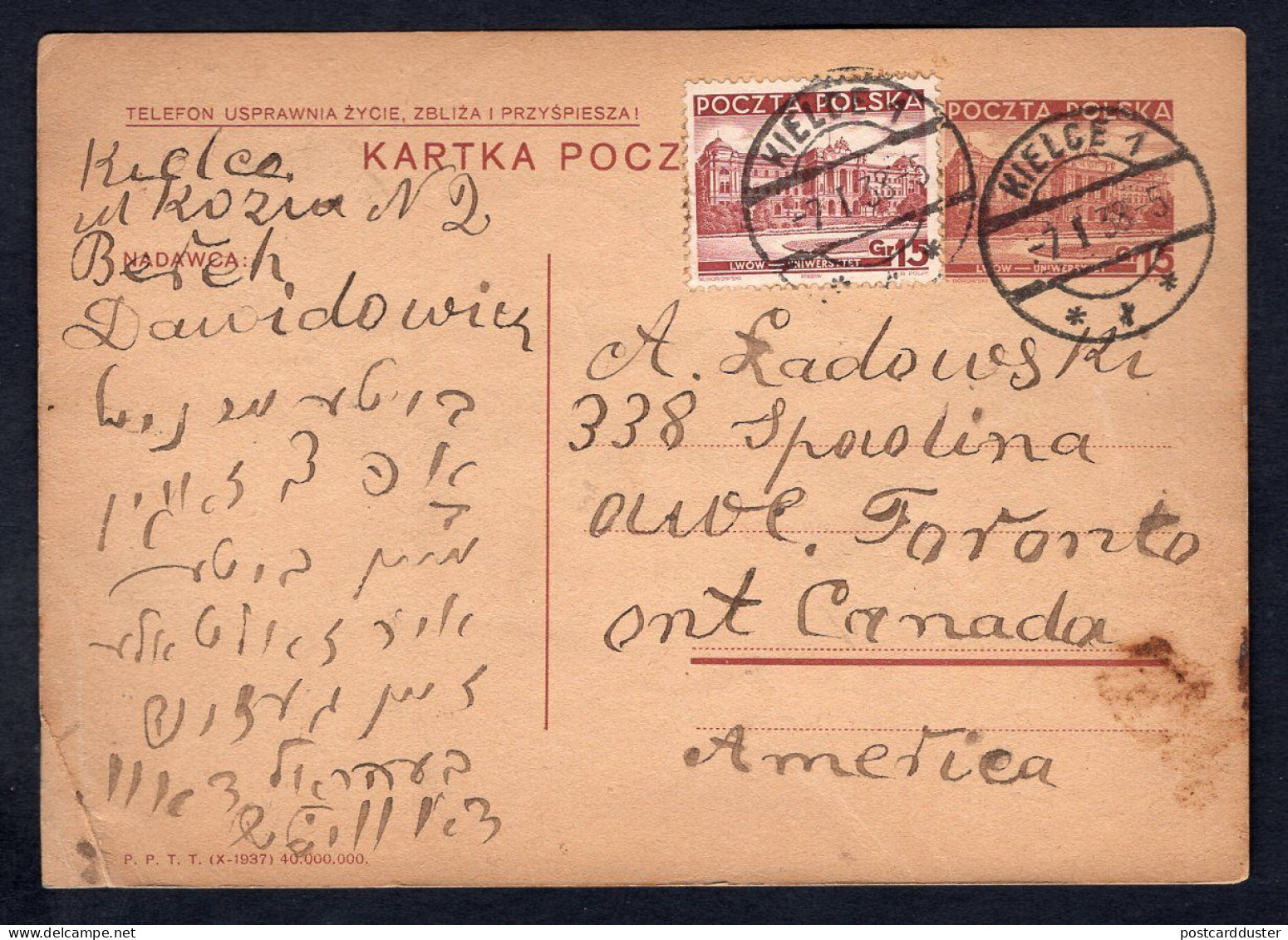 POLAND Kielce 1938 Postal Card To Canada. Judaica. Yiddish. Berek Dawidowicz (p3764) - Lettres & Documents