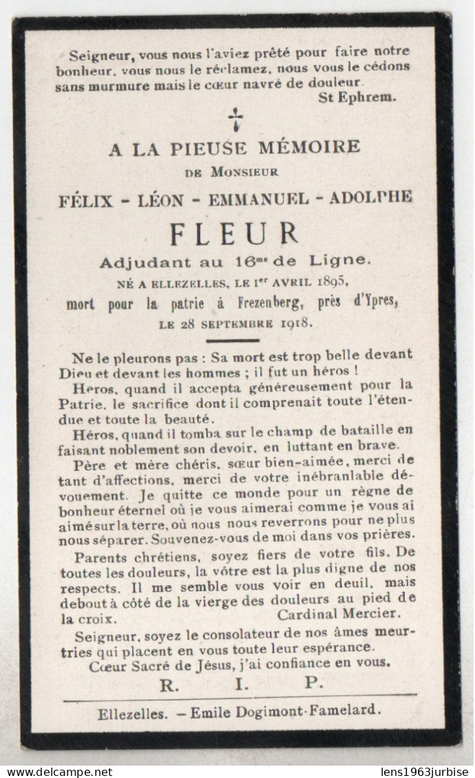 Fleur , Adjudant Au 16e De Ligne , Né à Ellezelles 1895 - Frezenberg 1918+ 4 Petites Photos , ABL - Avvisi Di Necrologio