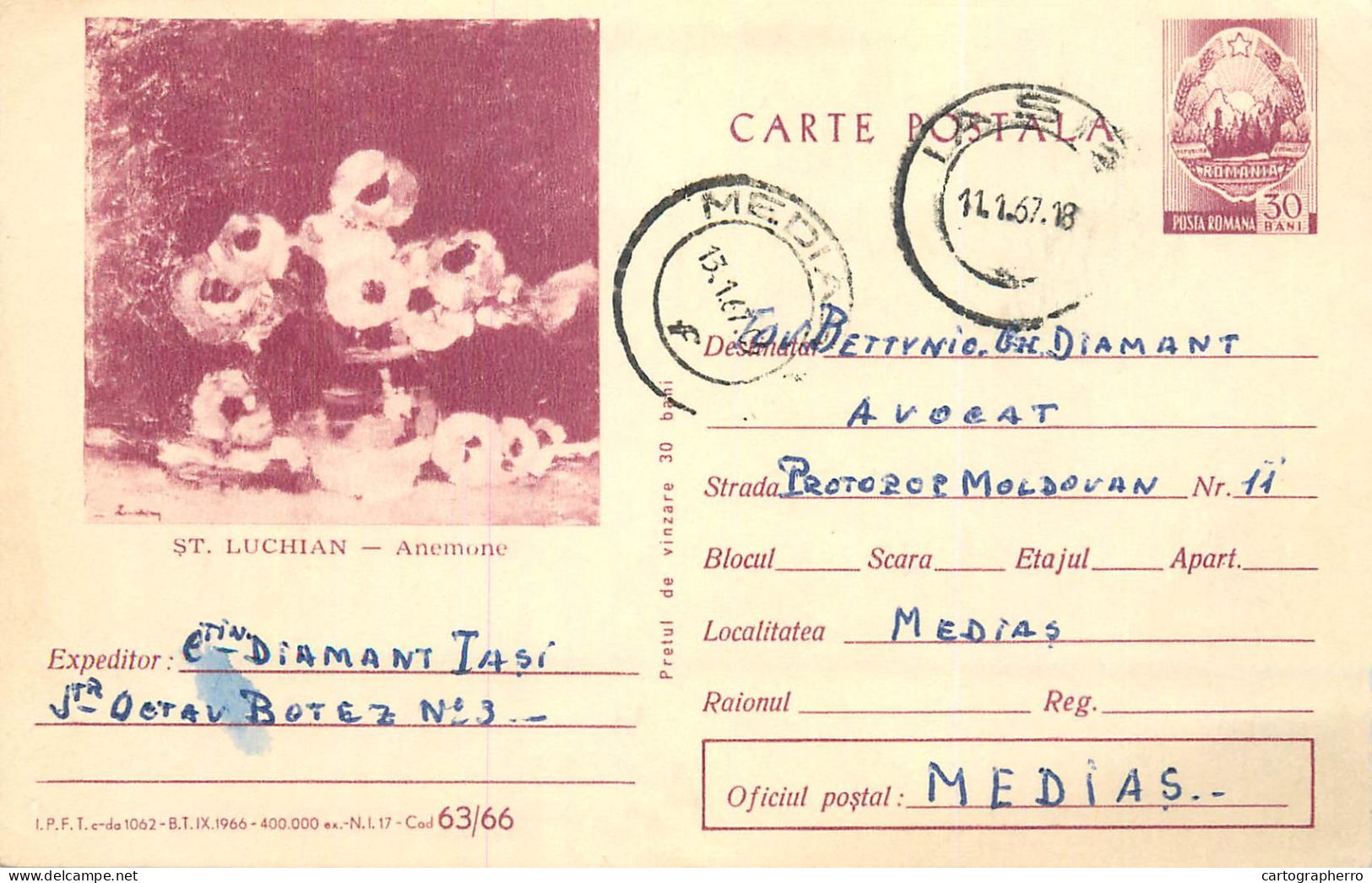 Postal Stationery Postcard Romania Stefan Luchian Anemone - Roumanie