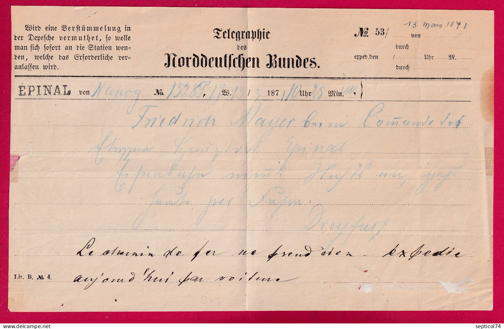 GUERRE 1870 RARE TELEGRAMME ARMEE PRUSSIENNE DE NANCY MEURTHE ET MOSELLE 13 MARS 1871 POUR EPINAL VOSGES SOUS PREFET - Krieg 1870