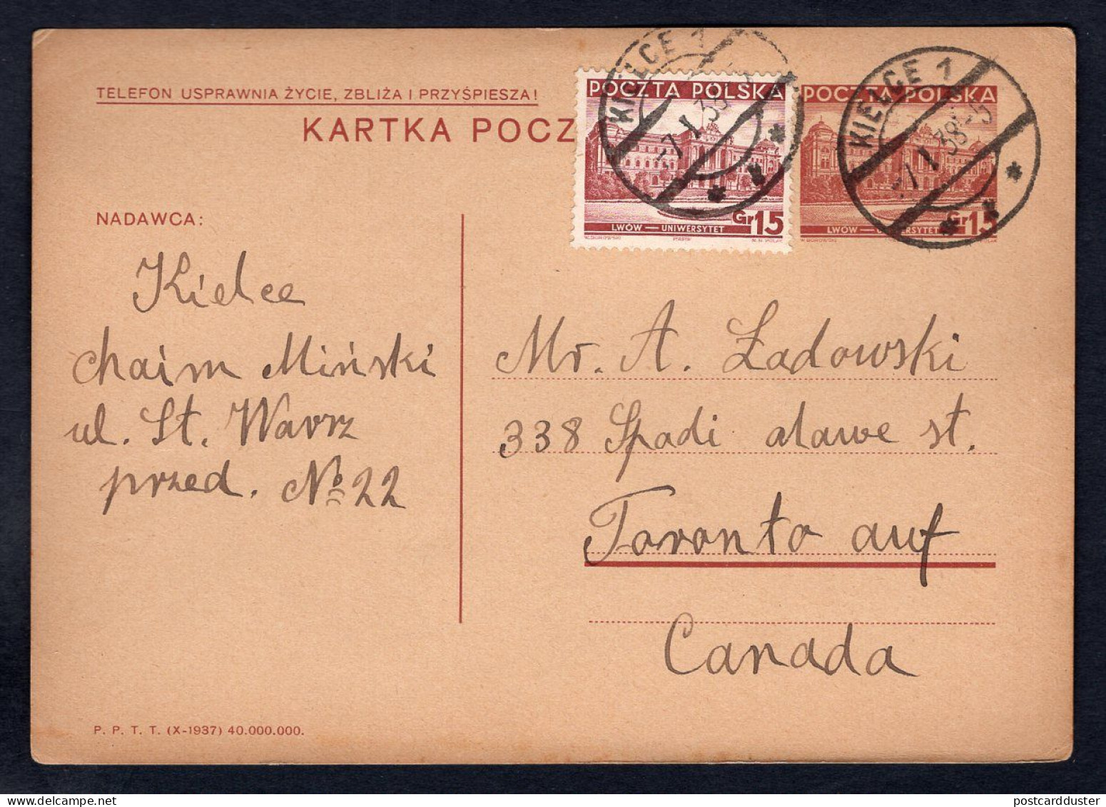 POLAND Kielce 1938 Postal Card To Canada. Judaica. Yiddish. Chaim Minski (p3775) - Covers & Documents