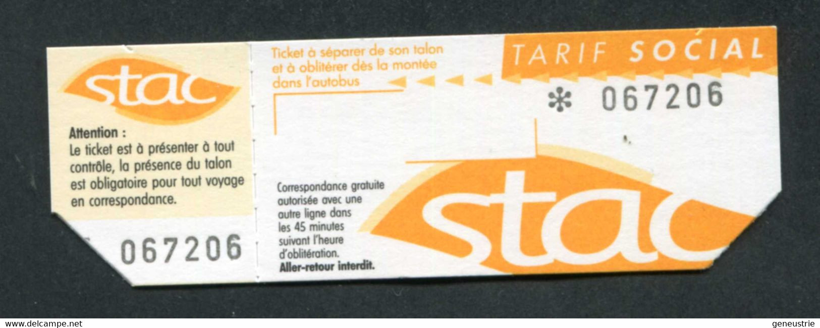 Ticket De Bus (avec Talon) De Chambéry (Savoie) "STAC" Tarif Social - French Bus Ticket - Europe