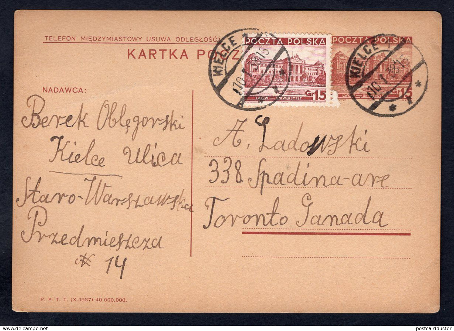 POLAND Kielce 1938 Postal Card To Canada. Judaica. Yiddish. Berek Oblegorski (p3839) - Covers & Documents