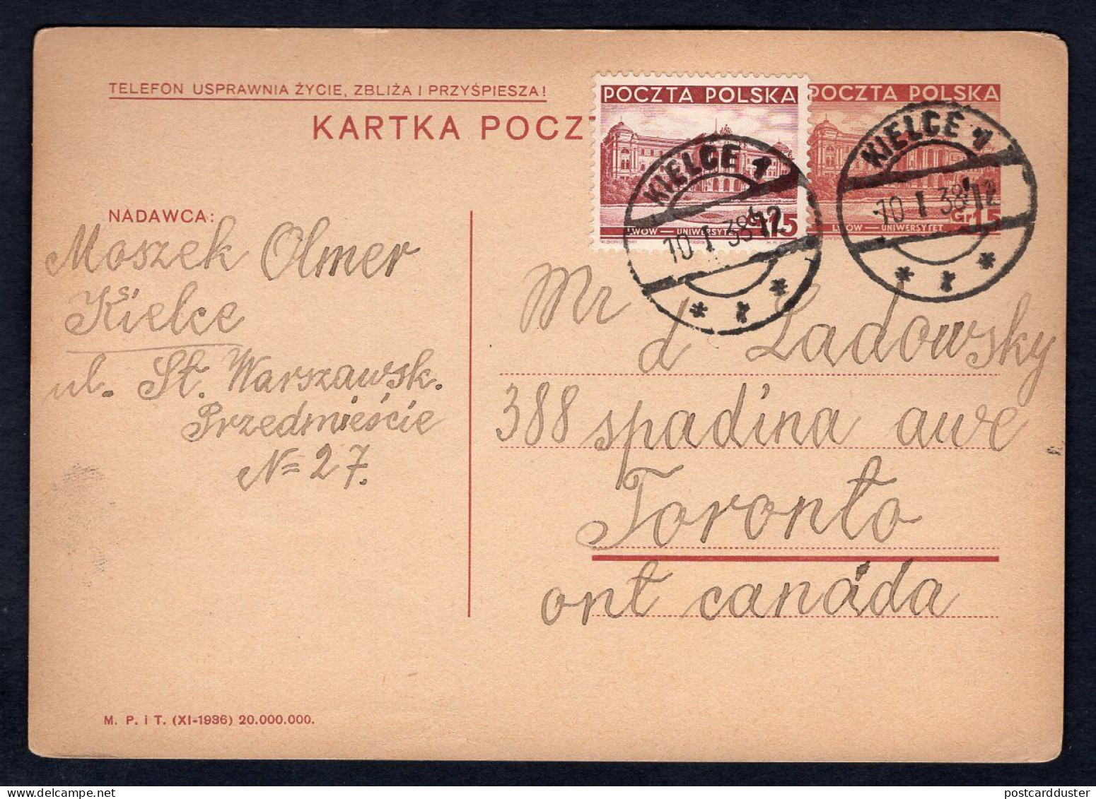 POLAND Kielce 1938 Postal Card To Canada. Judaica. Yiddish. Moszek Olmer (p3841) - Storia Postale