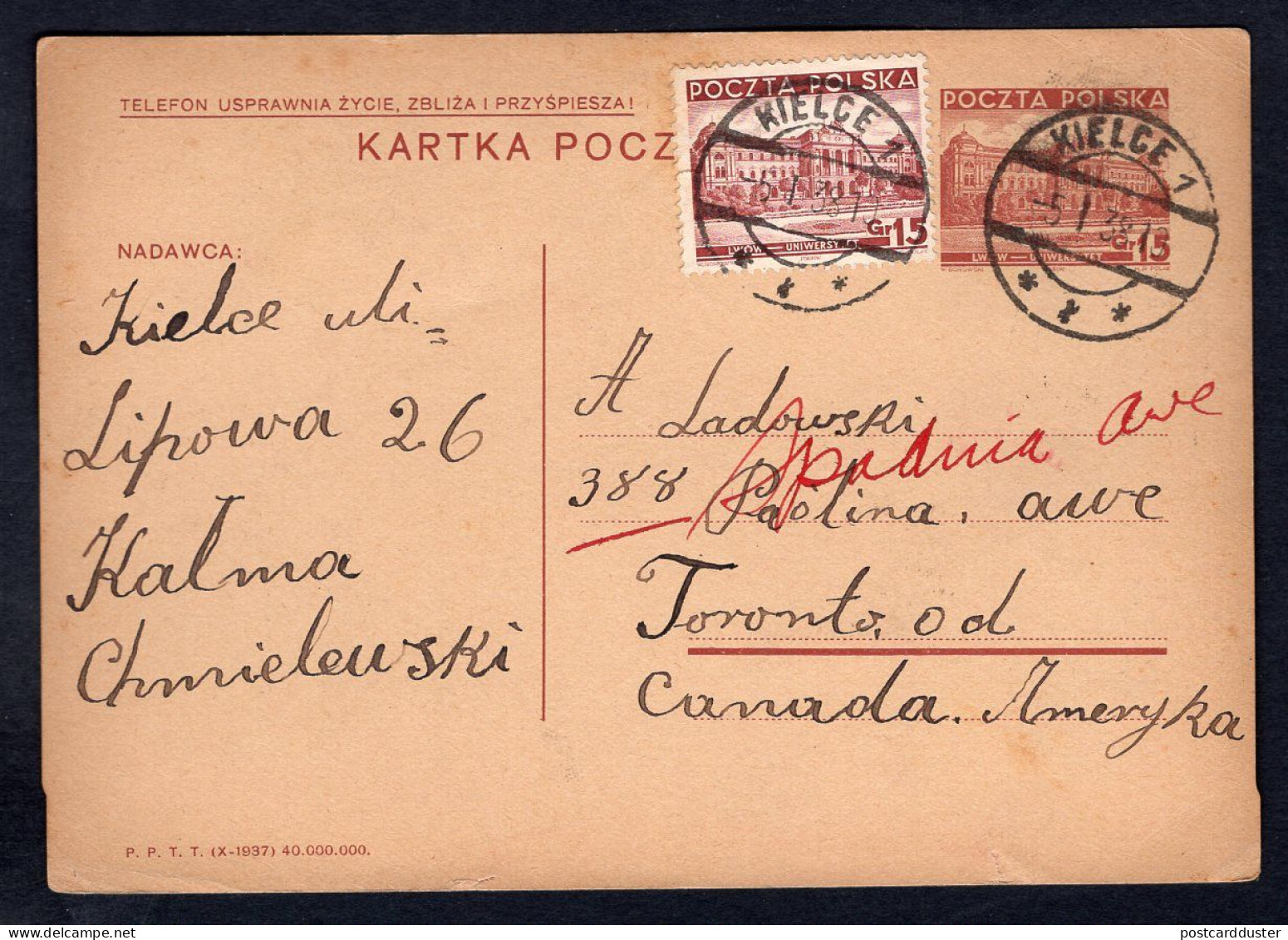 POLAND Kielce 1938 Postal Card To Canada. Judaica. Yiddish. Kalma Chmielewski (p3866) - Covers & Documents