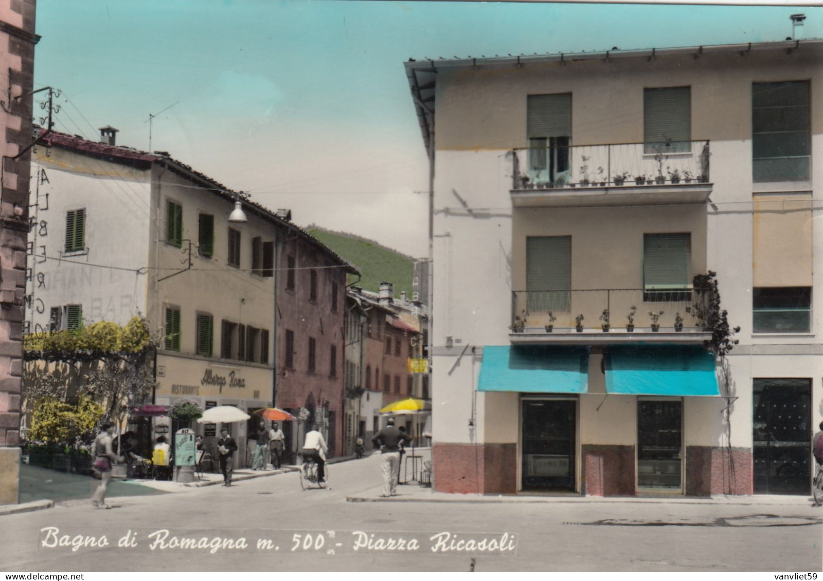 BAGNO DI ROMAGNA-FORLI CESENA-PIAZZA RICASOLI-INSEGNA =SALI E TABACCHI CARTOLINA VERA FOTOGRAFIA-VIAGG. IL 19-6-1965 - Forli