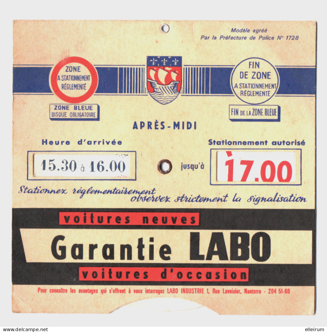 DISQUE De CONTROLE De STATIONNEMENT. GARANTIE LABO. - Cars