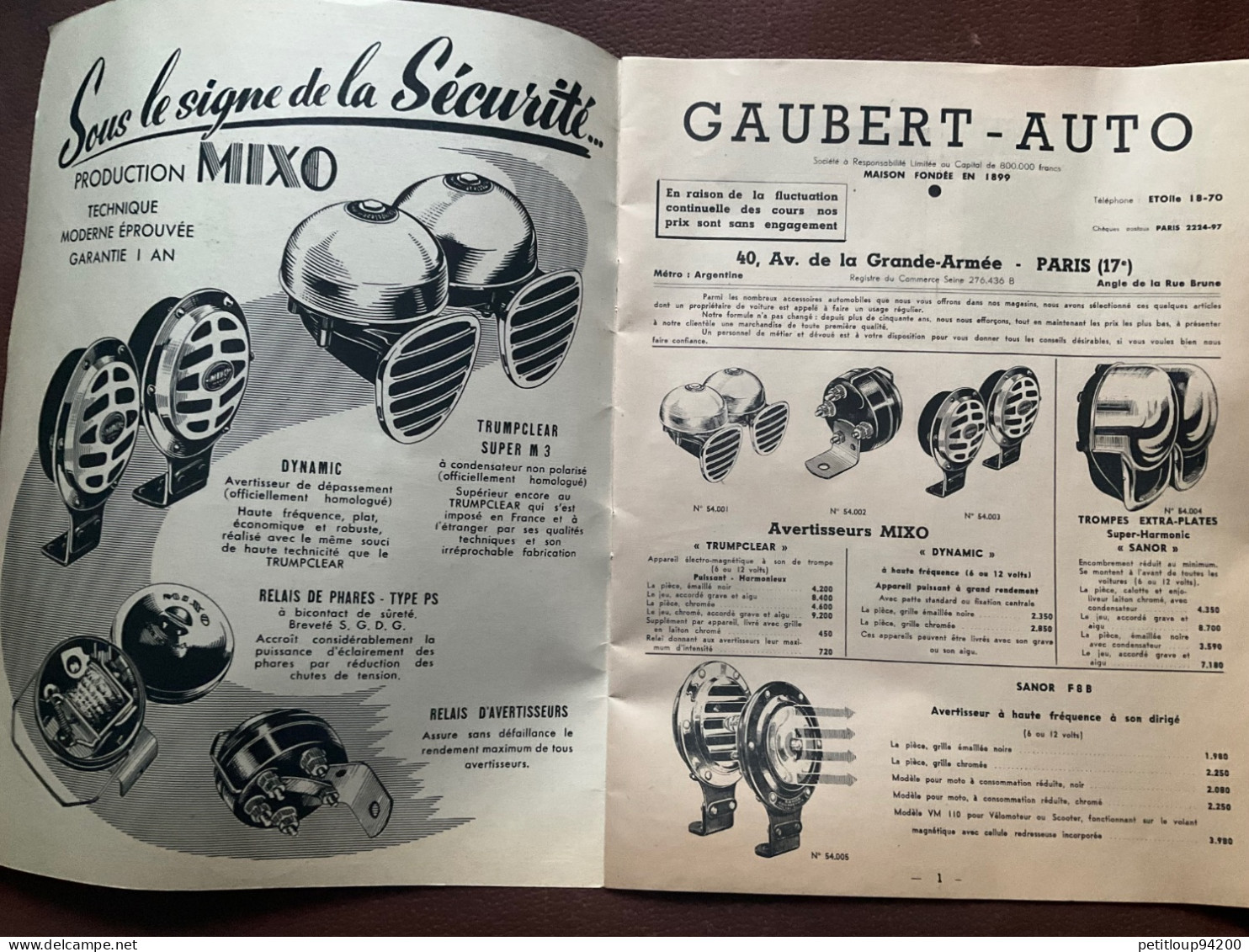 DOCUMENT COMMERCIAL Catalogue  GAUBERT-AUTO  Paris  ANNÉE 1954 - Automovilismo