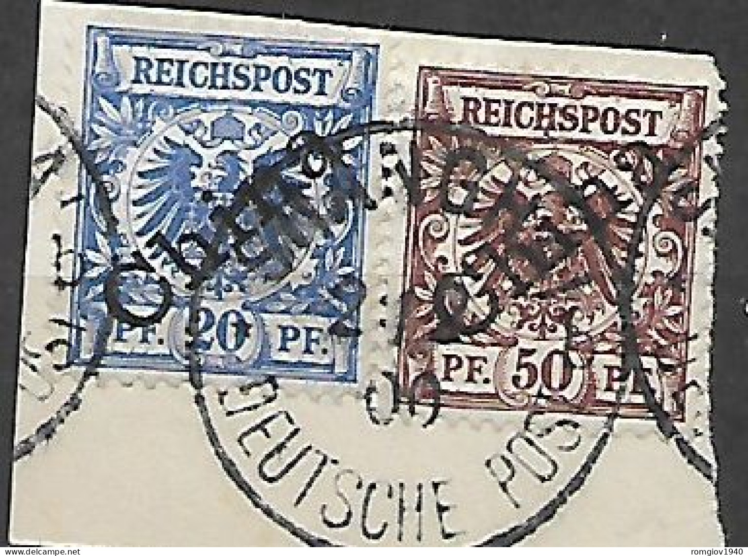 GERMANIA REICH UFFICI IN CINA 1897-1900 FRANCOBOLLI DELLA GERMANIA SOPRASTAMPATO YVERT.4+6 B  USATI SU FRAMMENTO - Cina (uffici)