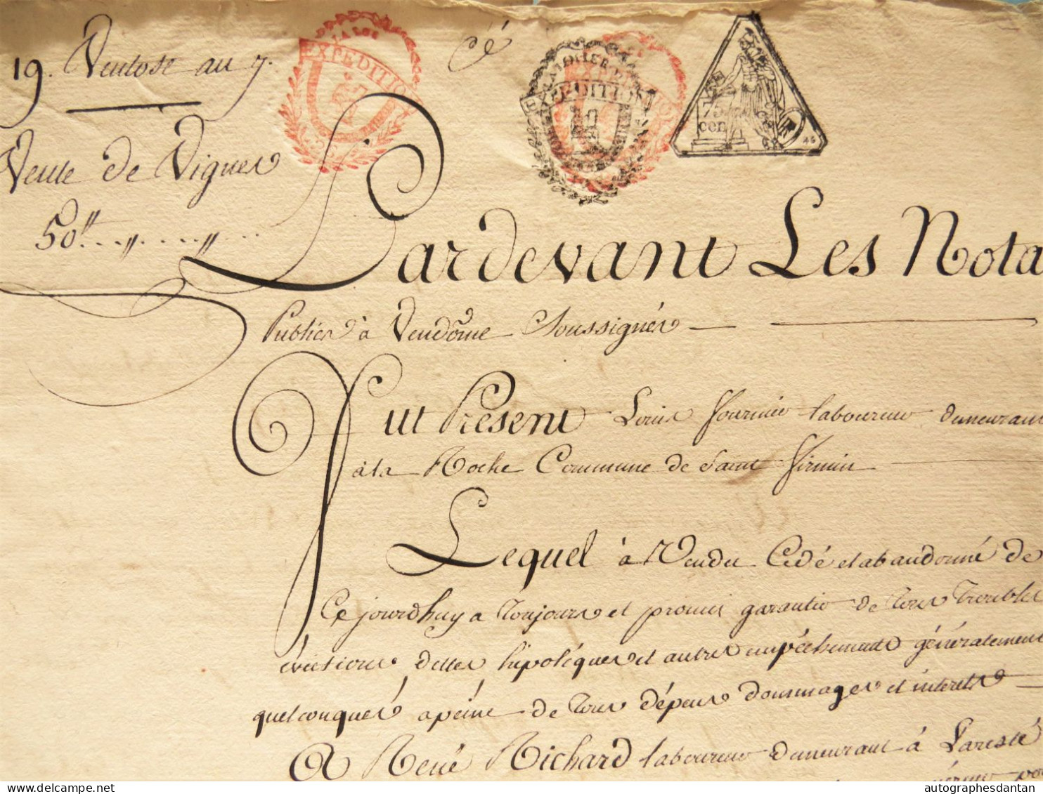● VENDOME An 7 De La République Louis Fournier Laboureur à Saint Firmin Vente De Vignes - Cachets - (Loir Et Cher) 1799 - Manuscrits