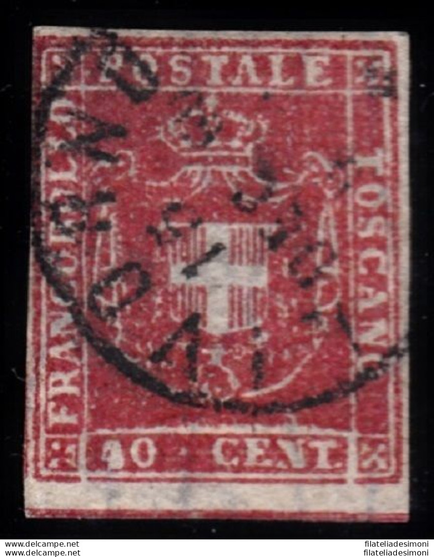 1860 TOSCANA, N° 21g 40 Cent. Carminio Scarlatto , USATO Sigla A.Diena - Tuscany