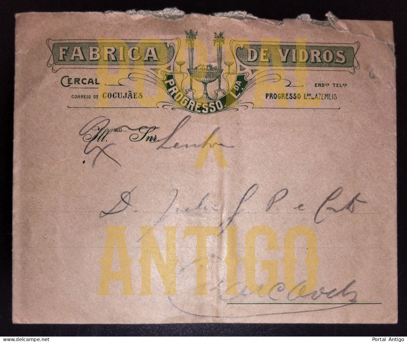 ENVELOPE PUBLICIDADE * FÁBRICA DE VIDROS * PROGRESSO, LDA * OLIVEIRA DE AZEMÉIS * CUCUJÃES * AVEIRO * 1919 * PORTUGAL - Publicités