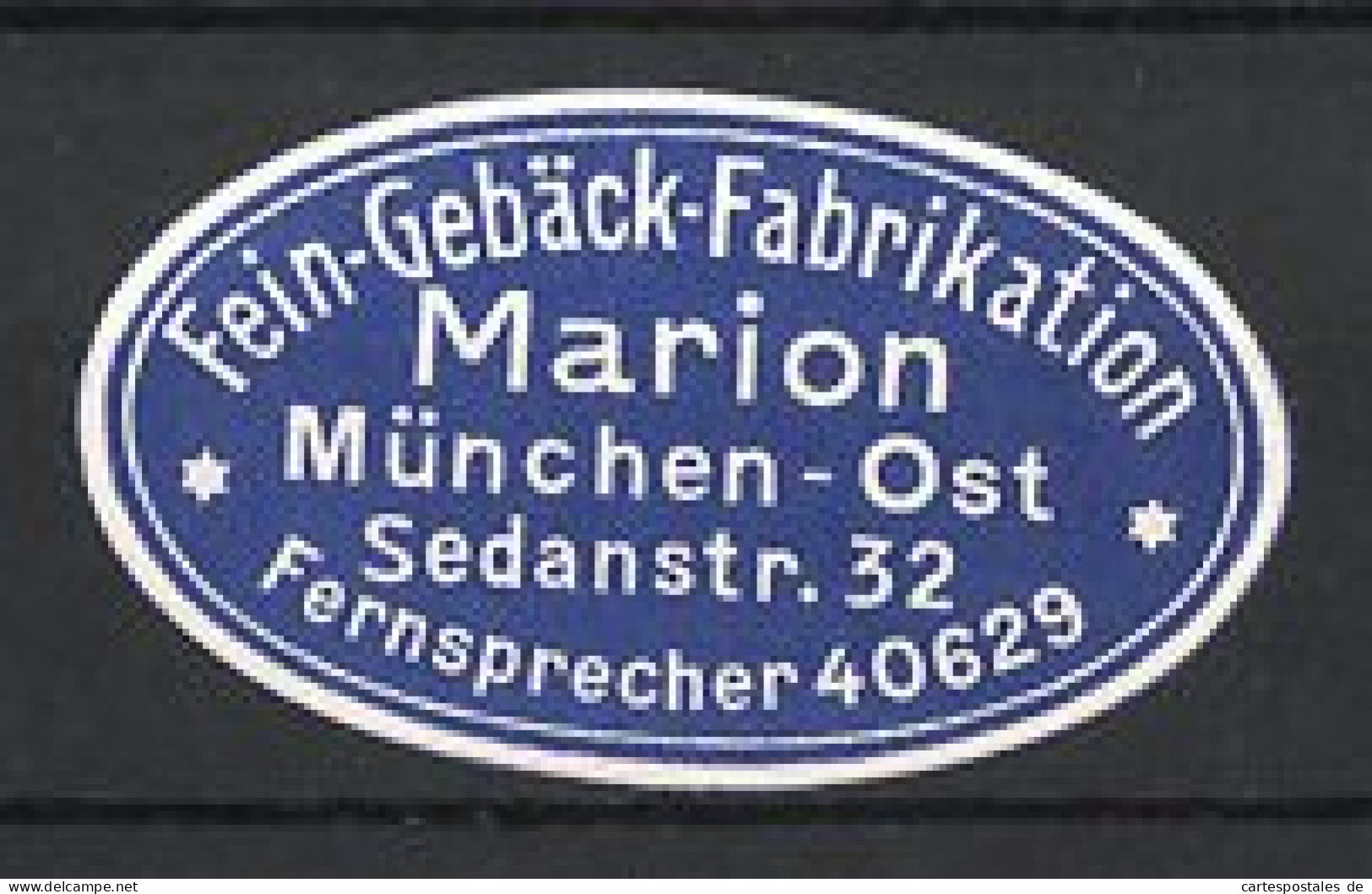 Reklamemarke München, Marion Fein-Gebäck Fabrikation, Sedanstr. 32  - Erinnophilie