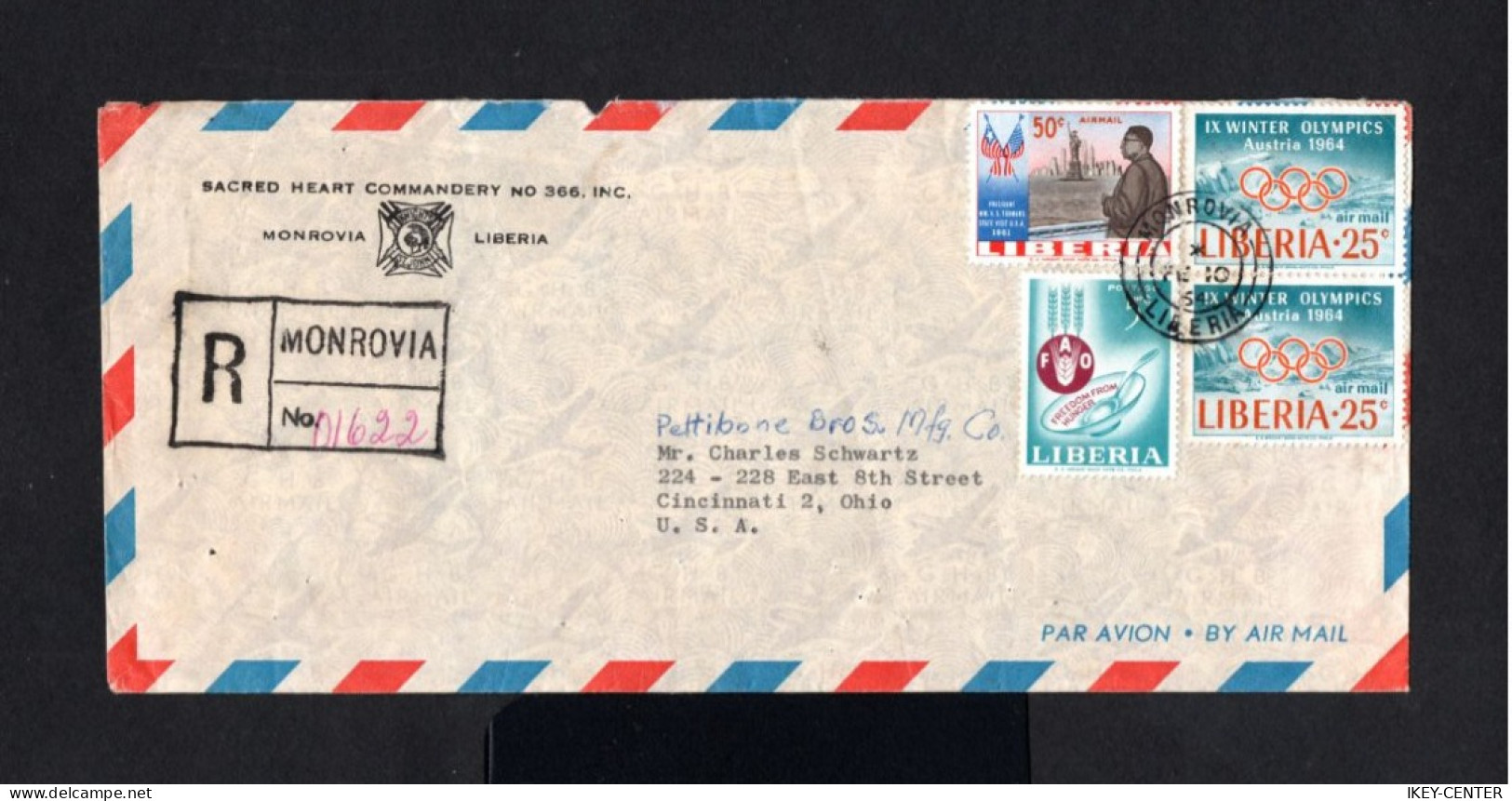 14589-LIBERIA-AIRMAIL REGISTERED COVER MONROVIA To CINCINNATI (usa) 1964.enveloppe AERIEN - Liberia