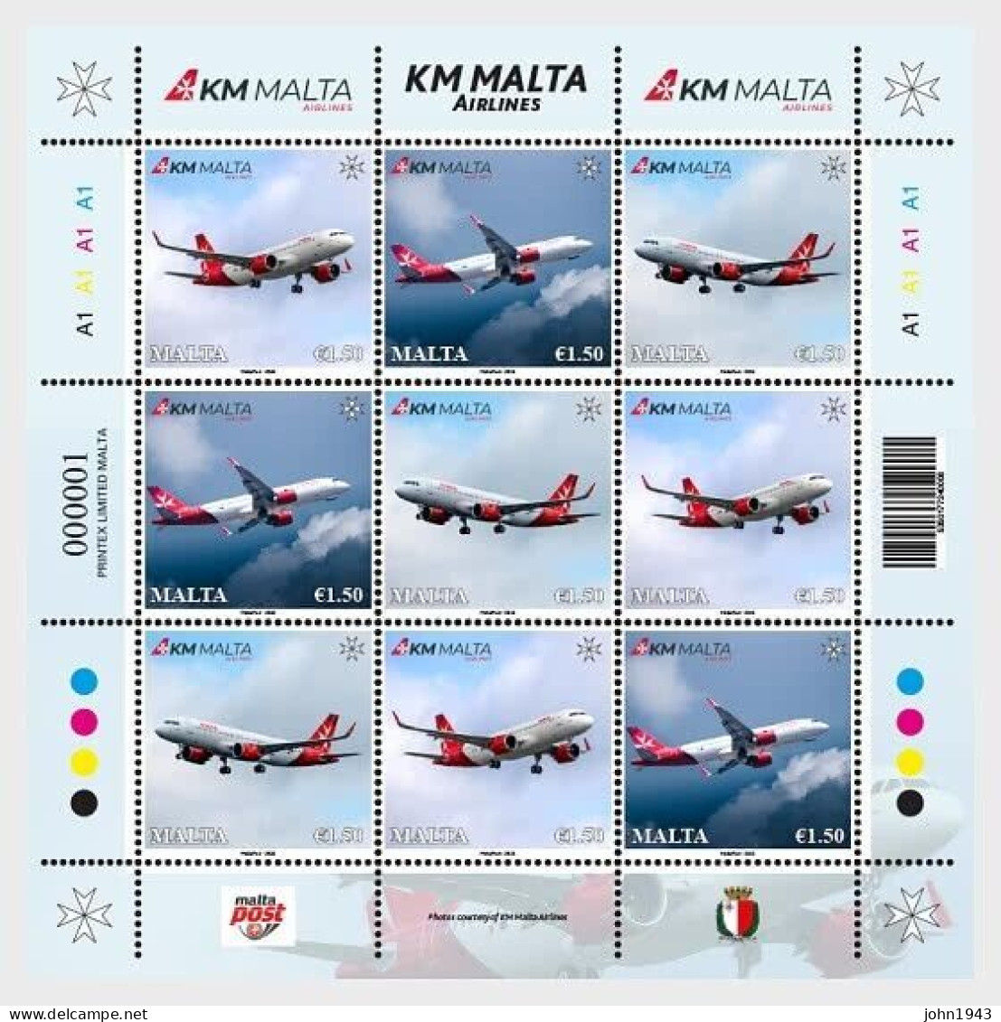 MALTA 2024 KM Malta Airlines FULL SHEET THREE SETS OF THREE STAMP MINT NH SUPER - Malta