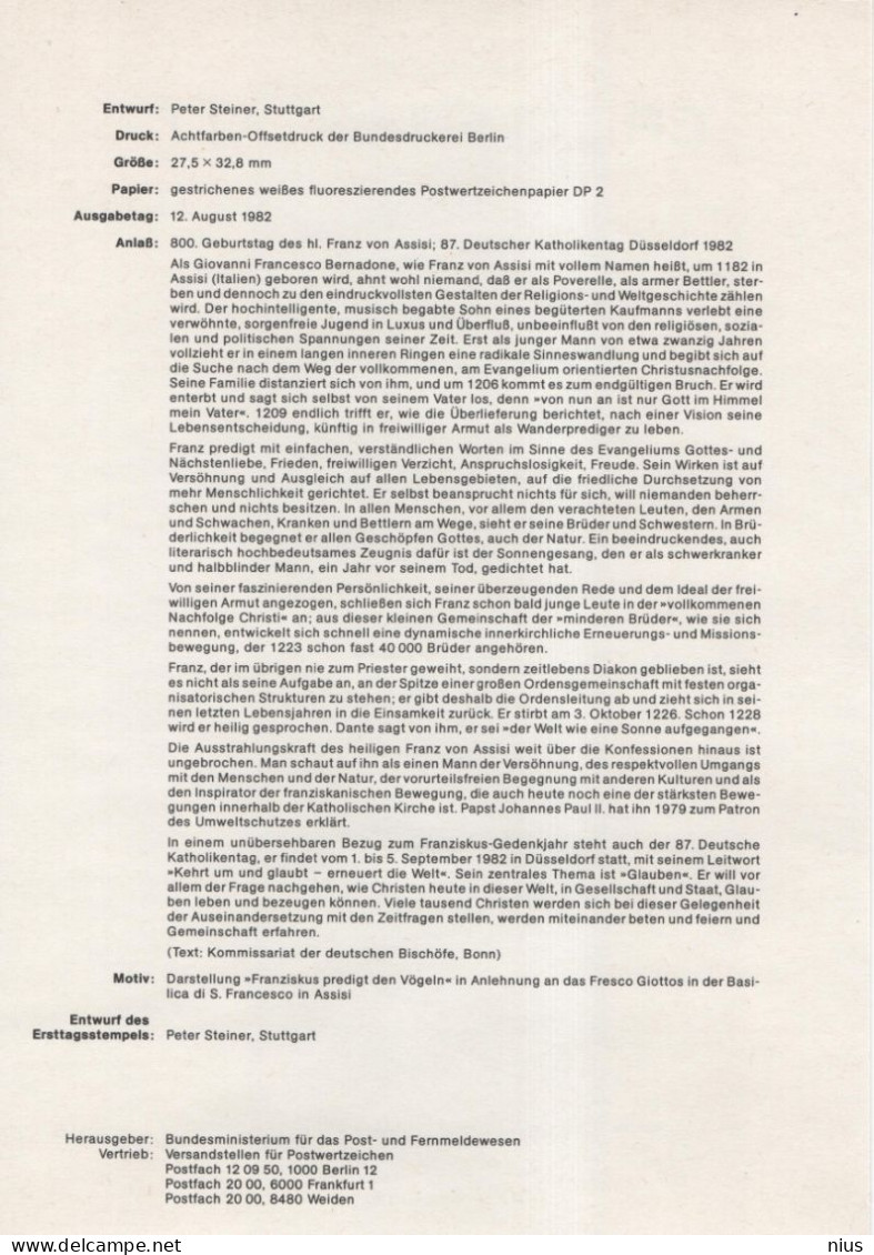 Germany Deutschland 1982-21 Franz Von Assisi, Founder Of The Order Of The Friars Minor, Canceled In Bonn - 1981-1990