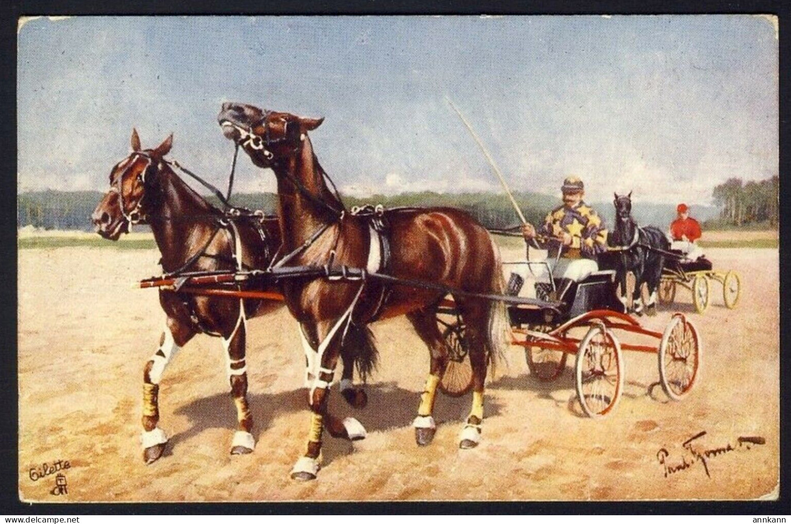 Trabrennen Horse Racing - 2 Horse 4 Wheel Cart TUCK Oilette #575 B Frank Thomas - Otros & Sin Clasificación