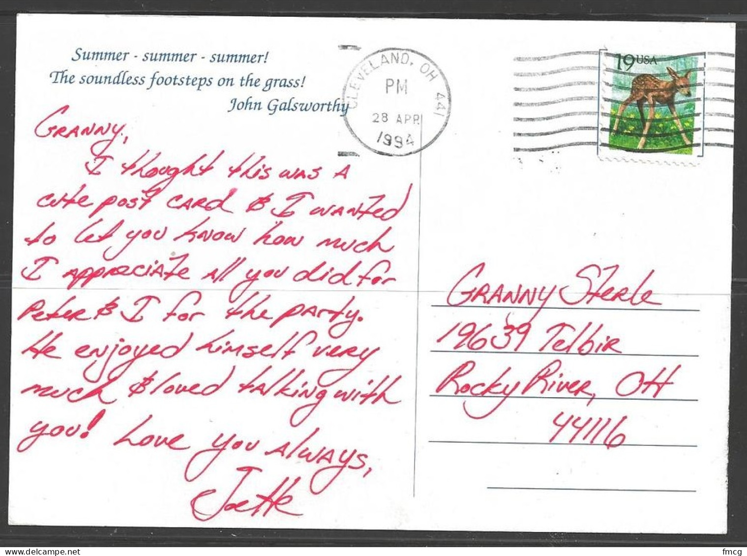 1994 19 Cents Fawn On Picture Postcard, Cleveland Ohio, 28 Apr - Brieven En Documenten