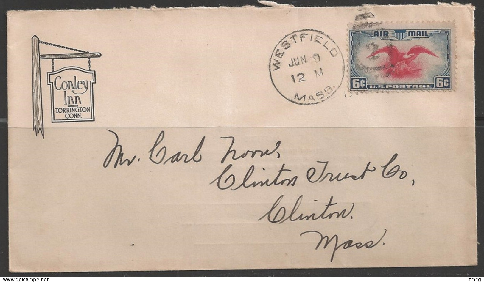 Westfield Mass (Jun 9) 6 Cents Airmail, Colony Inn Corner Card - Brieven En Documenten