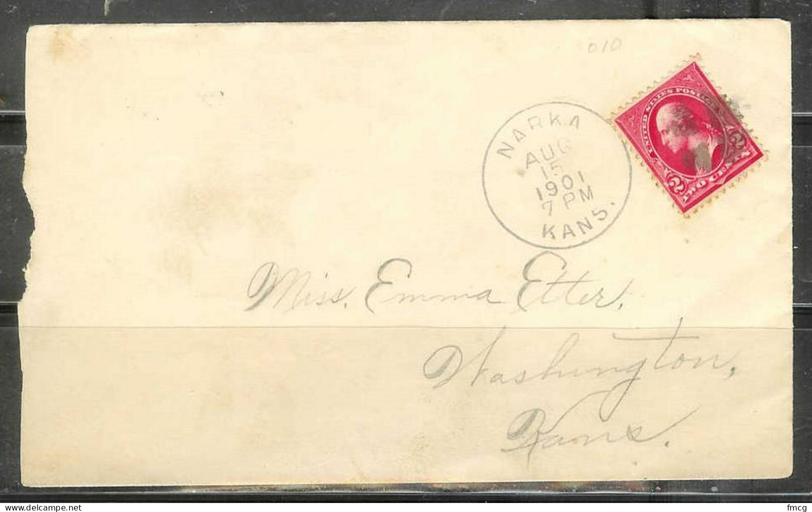 1901 Narka Kansas Aug 15, 2 Cent Washington Stamp - Brieven En Documenten