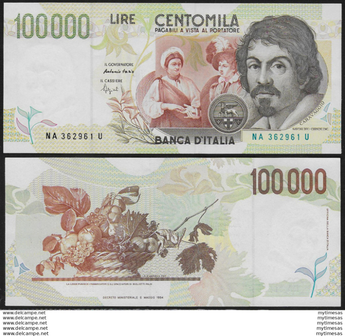 1994 Lire 100.000 Caravaggio 2° FDS Rif. BI 931 Alfa - Other & Unclassified