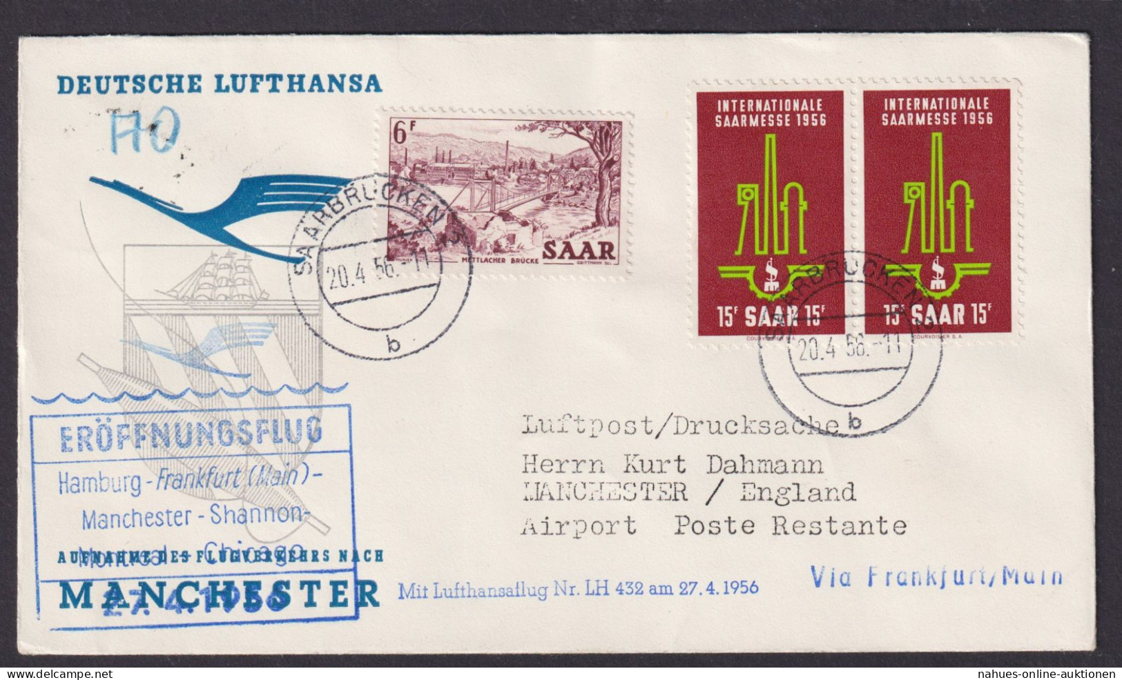 Flugpost Brief Air Mail Saarland Lufthansa LH 432 Hamburg Frankfurt Manchester - Gebruikt