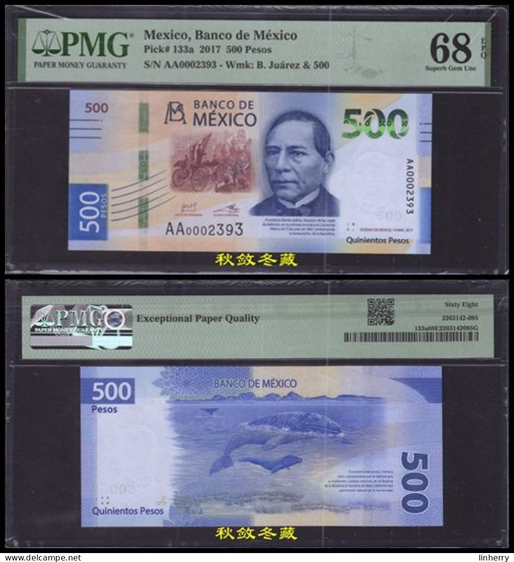 Mexico 500 Pesos (2017), Polymer, AA Prefix + Low Serial Number, PMG68 - Mexique