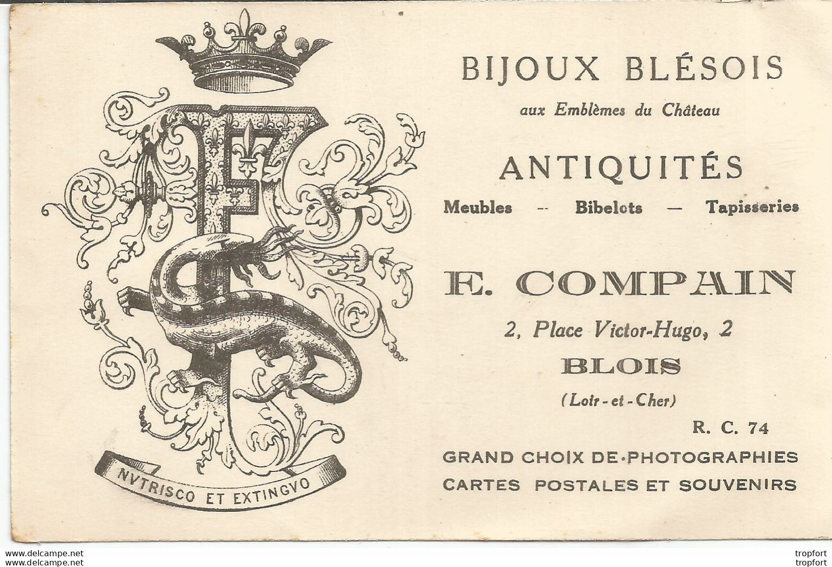 JP / Superbe CARTE De VISITE Publicitaire PUB BIJOUX BLESOIS Antiquité COMPAIN BLOIS Cher - Cartoncini Da Visita
