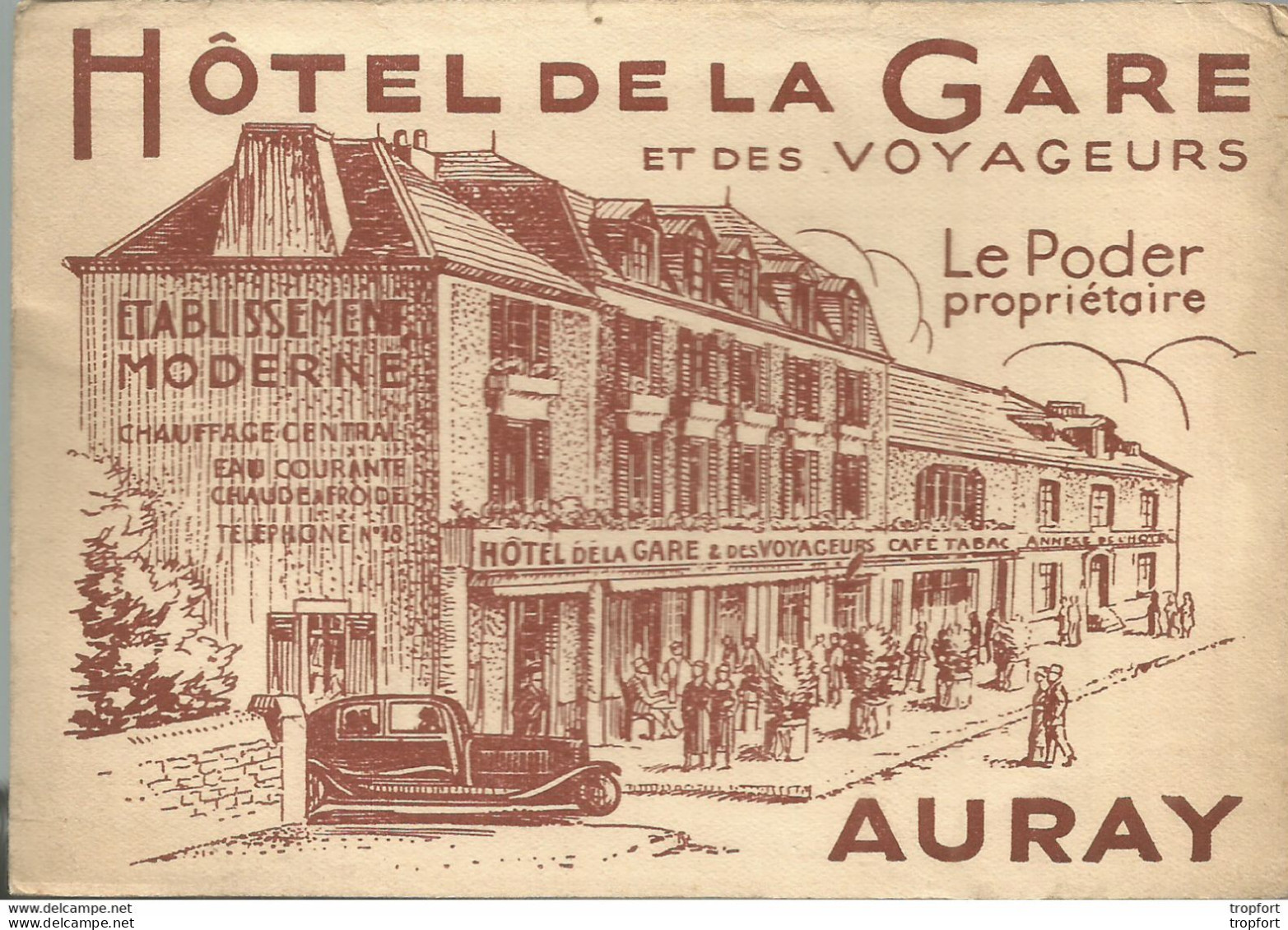 PS / Carte De Visite Ancienne 1936 HOTEL DE LA GARE AURAY LE PODER Propriétaire Traction GARE Café - Cartes De Visite