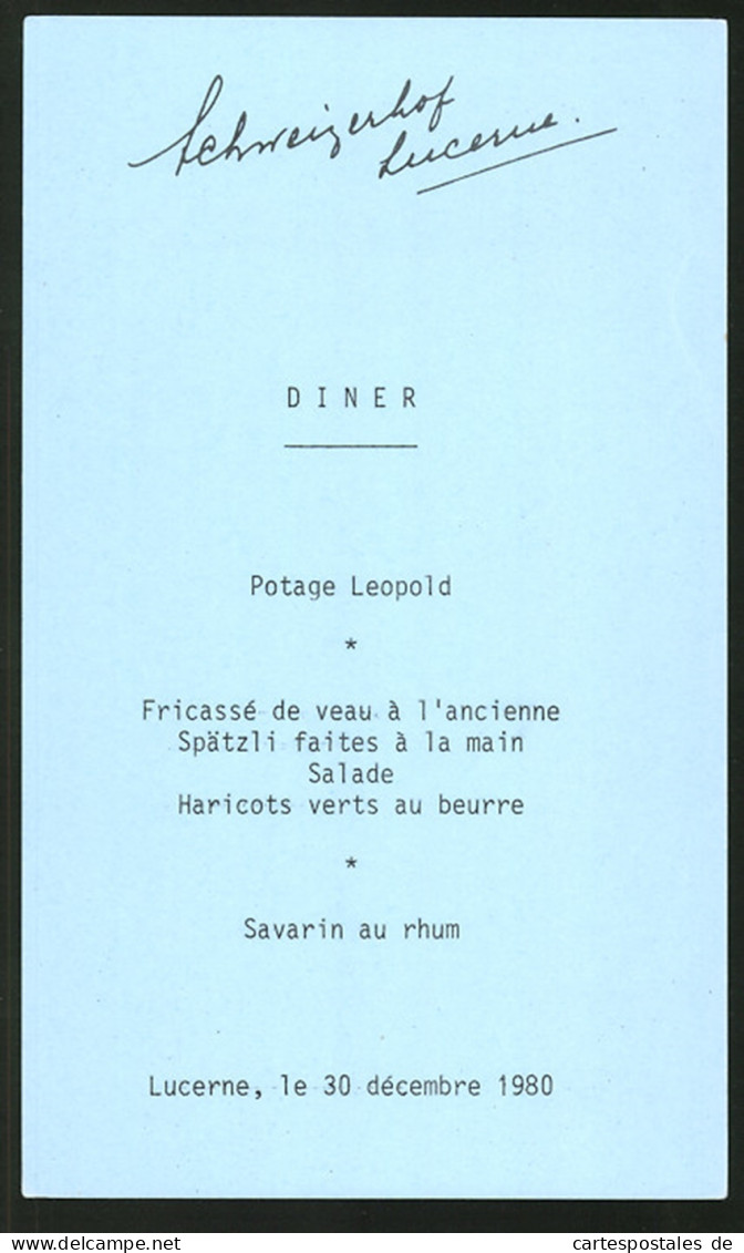 Menükarte Luzern-Lucerne 1980, Verschiedene Speisen & Gerichte  - Menu