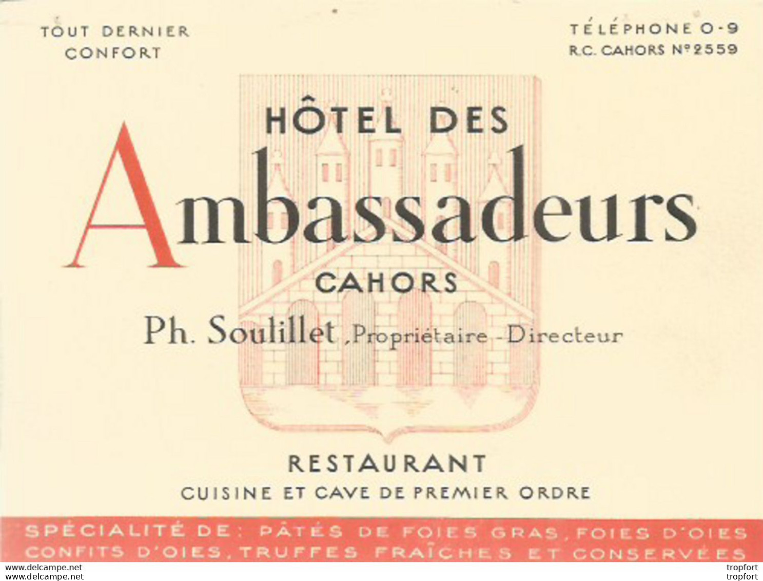 GK / Carte De Visite PUBLICITAIRE PUB CDV Hôtel Des AMBASSADEURS CAHORS PH SOUILLET Restaurant FOIE GRAS D'OIE TRUFFE - Visiting Cards