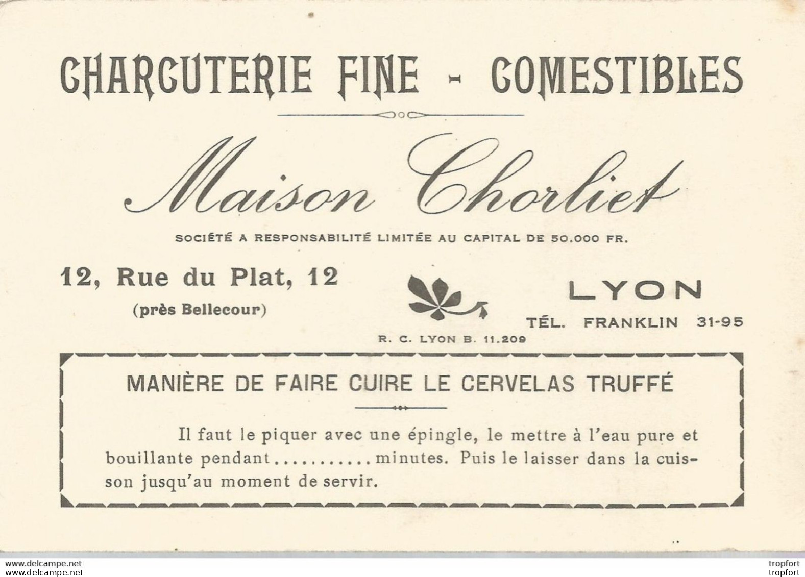 JP / RARE Carte De Visite Publicitaire Ancienne Maison CHARLIET LYON Charcuterie Fine Rue Du PLAT TRUFFE CERVELAS - Cartes De Visite