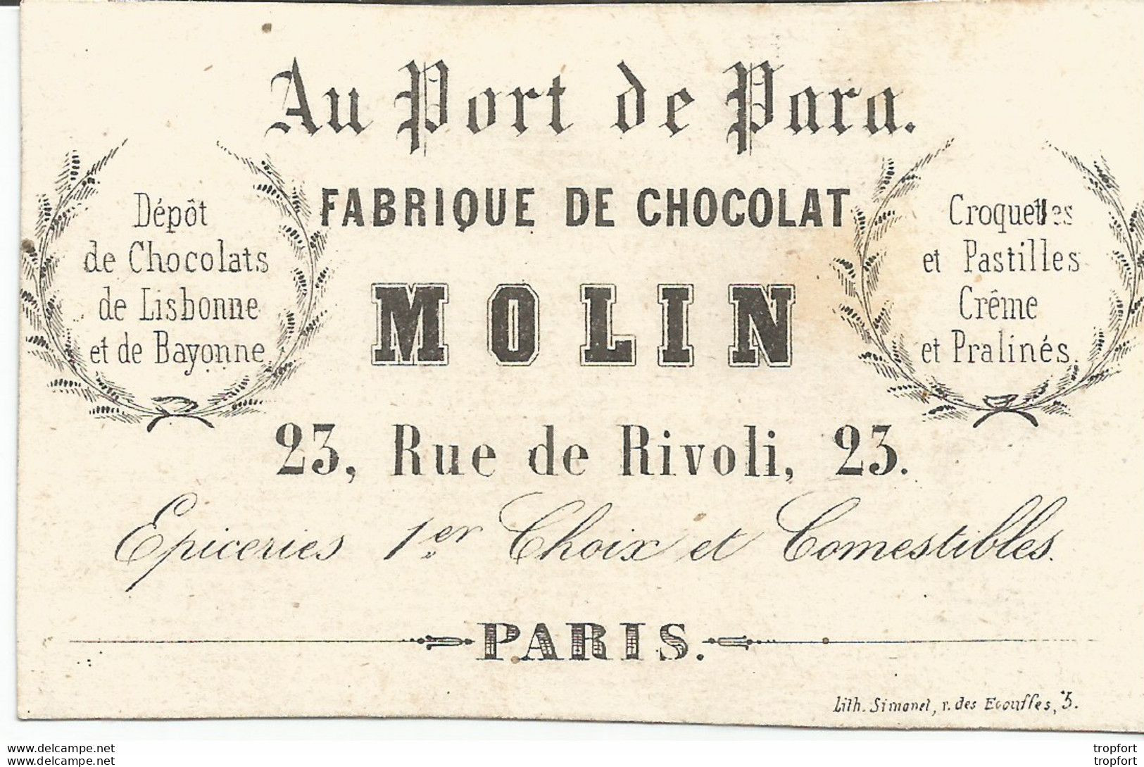 JJ / RARE Carte De Visite FABRIQUE DE CHOCOLAT MOLIN Paris Lisbonne Bayonne AU PORT DE PARA Epicerie - Visitekaartjes