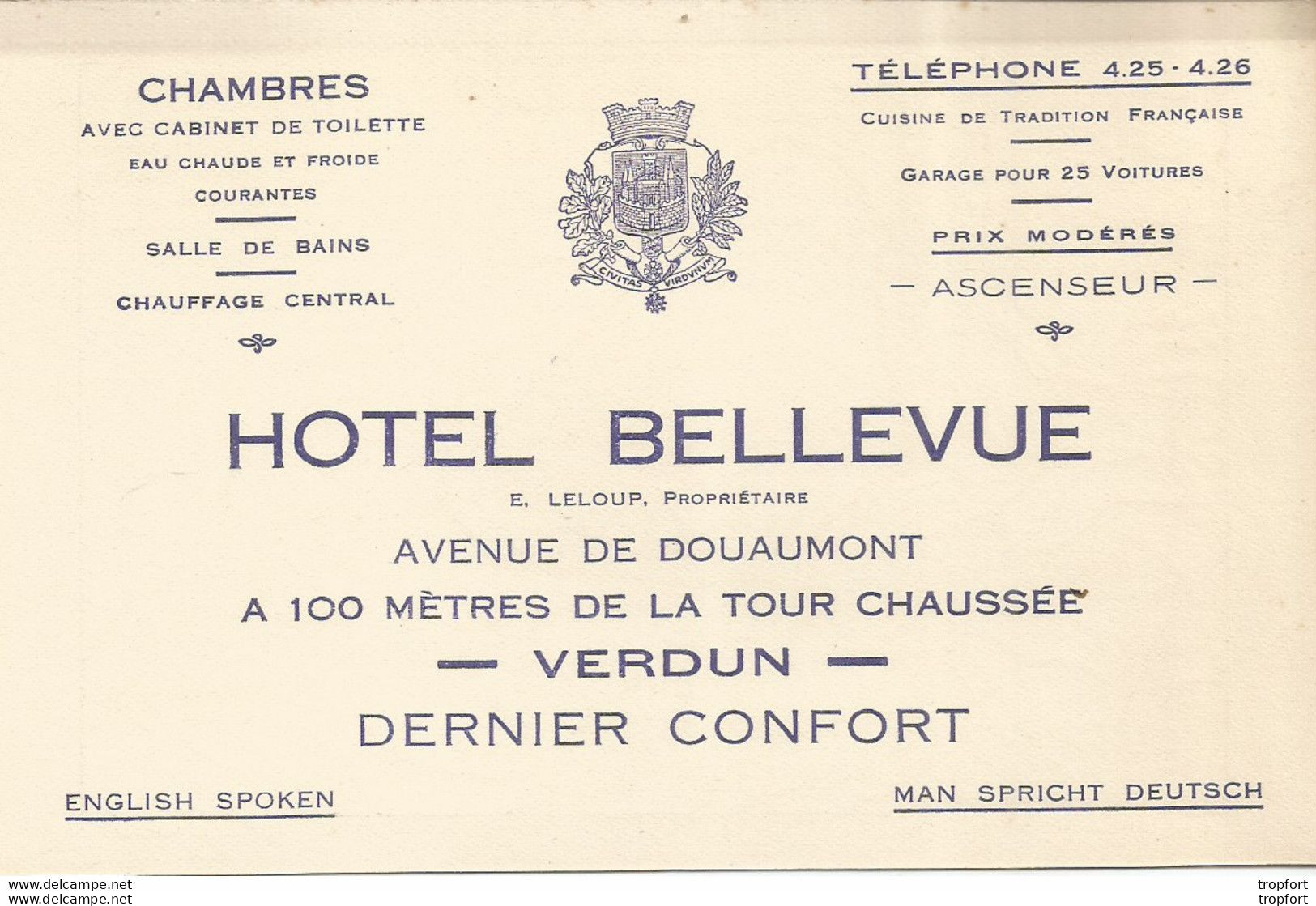 F16 / Carte De Visite PUBLICITAIRE Hotel BELLEVUE VERDUN Ascenseur LELOUP Avenue De DOUAUMONT - Tarjetas De Visita