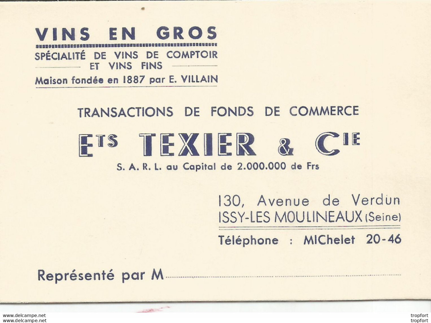 RT / Carte De Visite Ancienne ISSY LES MOULINEAUX (92 ) TEXIER Vins En Gros Avenue De VERDUN - Cartoncini Da Visita